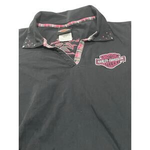 Harley-Davidson Women's M Long Sleeve Polo Shirt Rhinestone Studded Black Pink